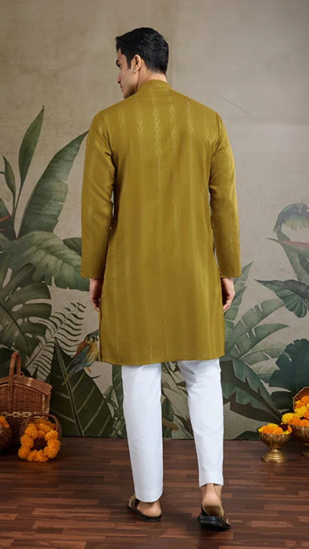 Silk Party Wear Rust Yellow Jari Work Kurta & Dupatta for Men's