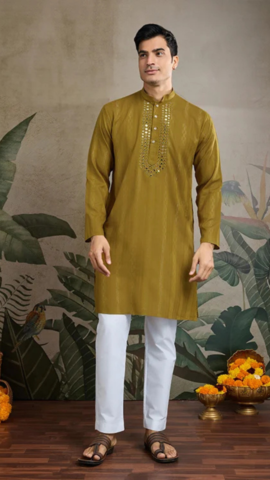 Silk Party Wear Rust Yellow Jari Work Kurta & Dupatta for Men's