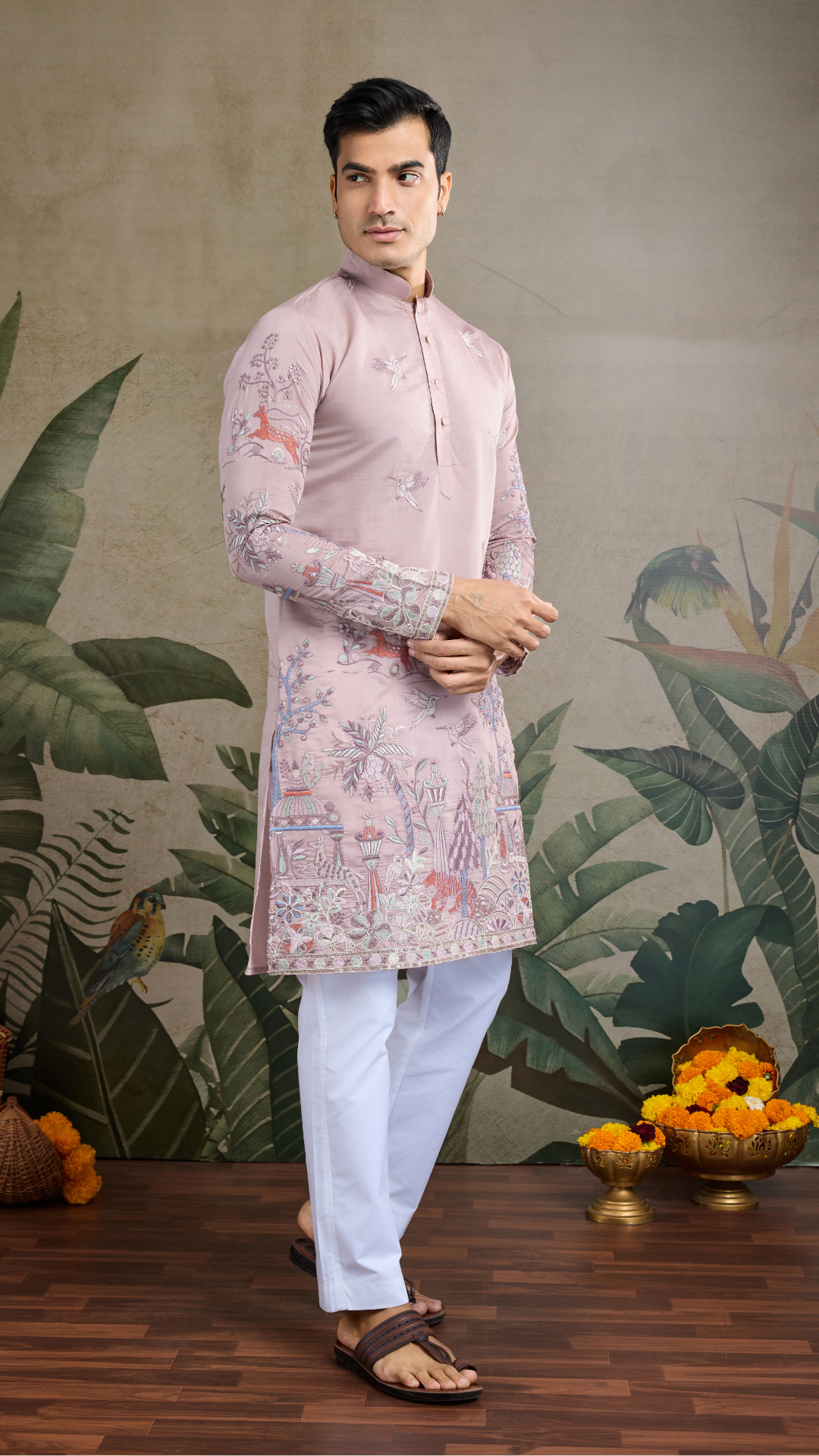 Designer Peach Viscose Silk fancy kurtas for men