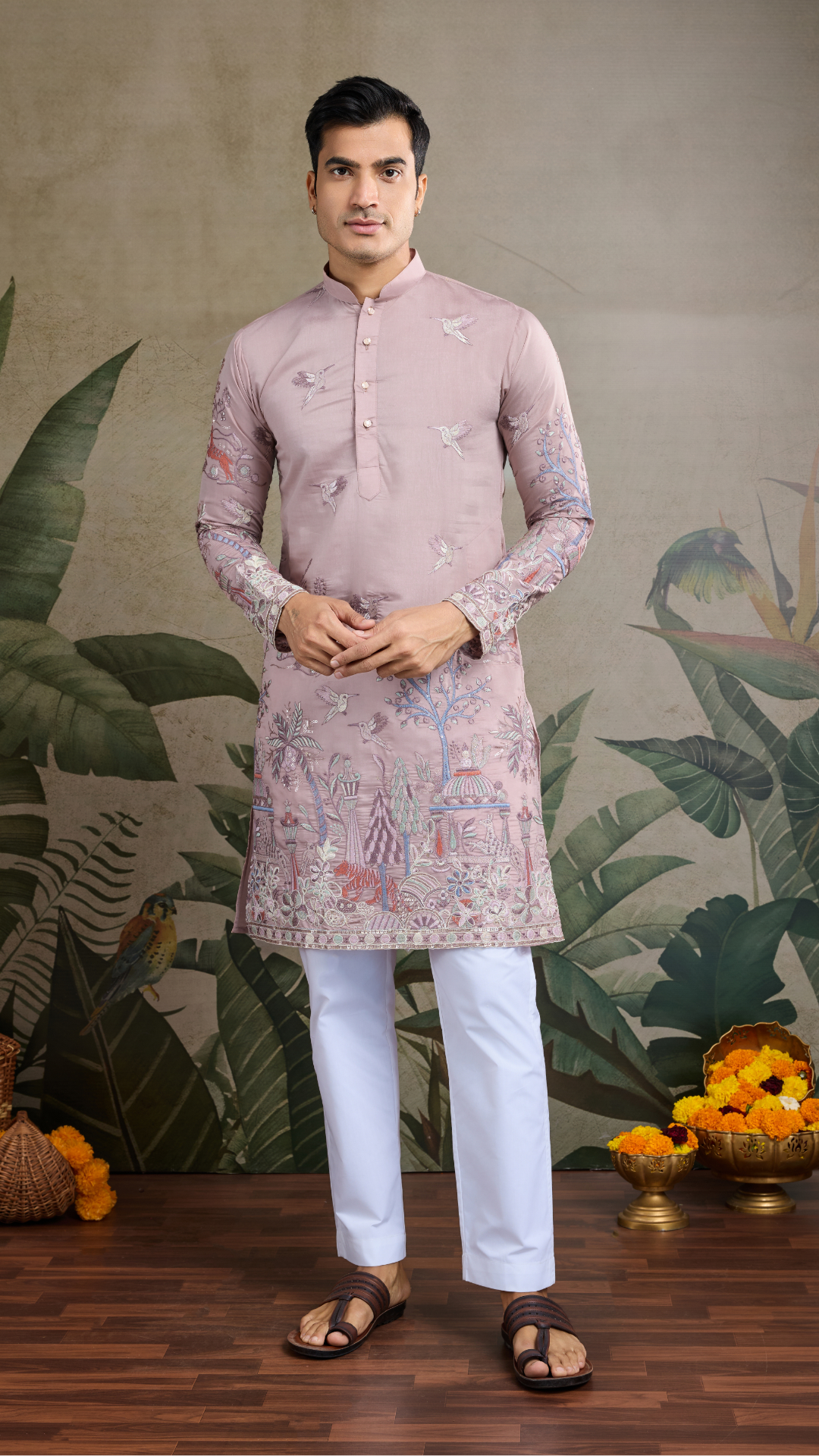 Designer Peach Viscose Silk fancy kurtas for men