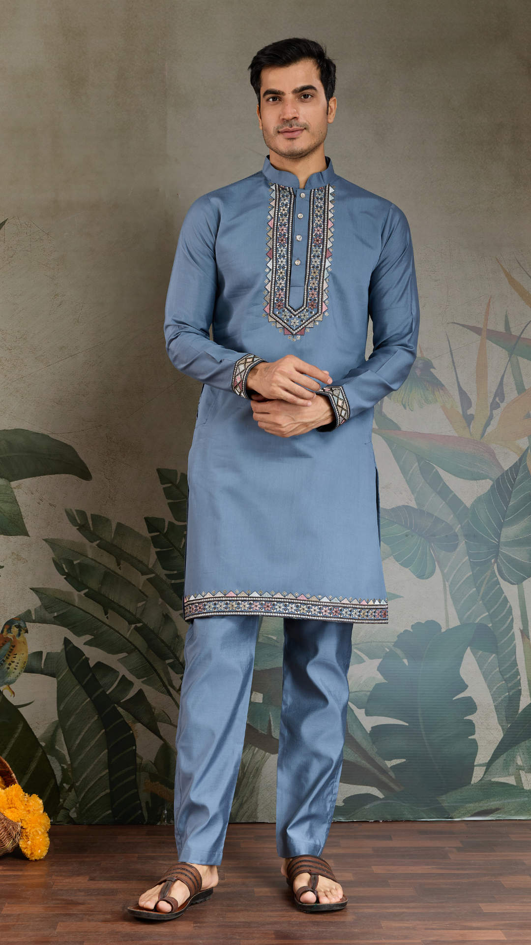 Blue Gray Open Koti Style Full Kurta Pajama Set for Men