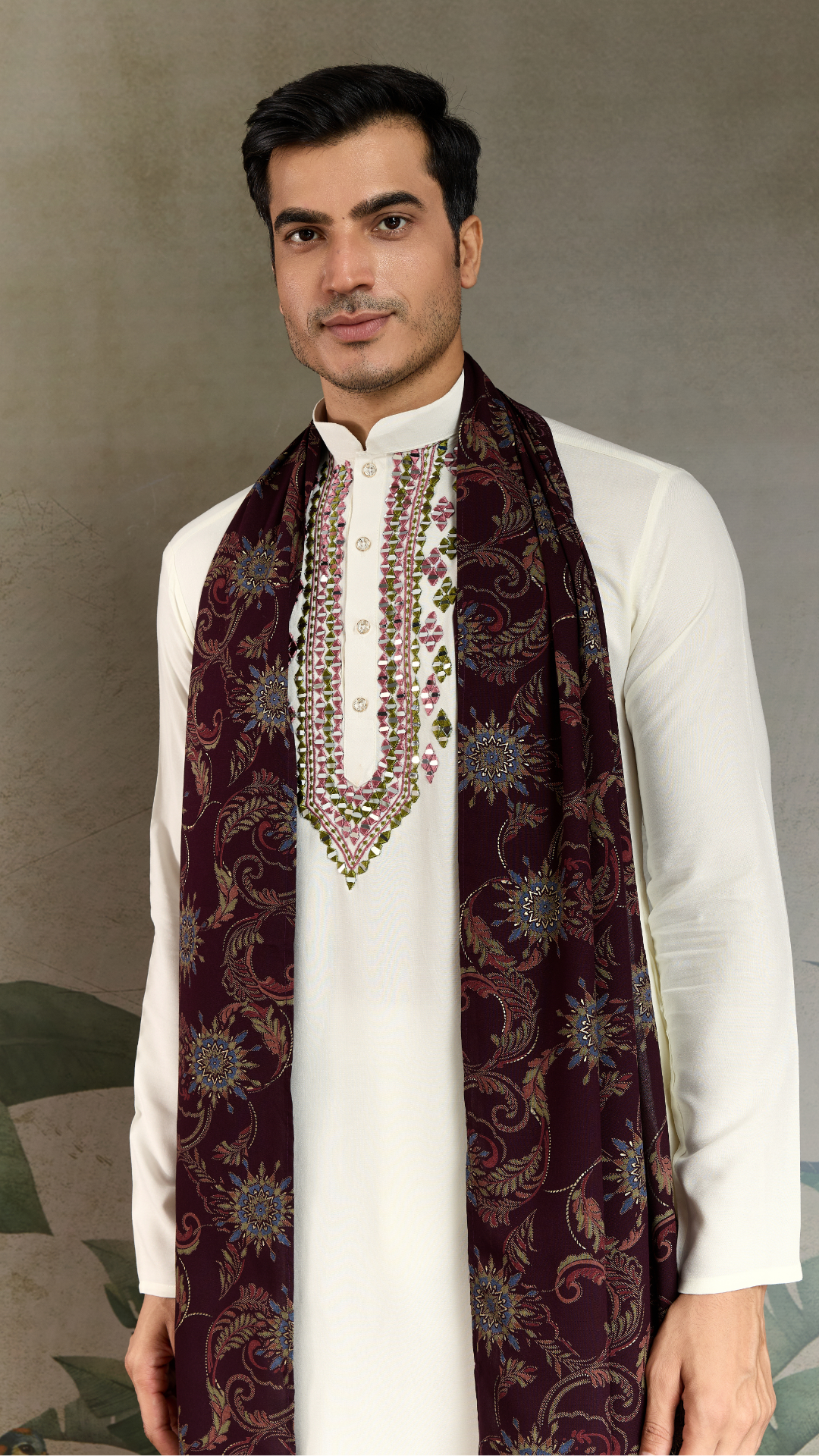 Wedding Special White Mirror Work Kurta with Dupatta for Men
