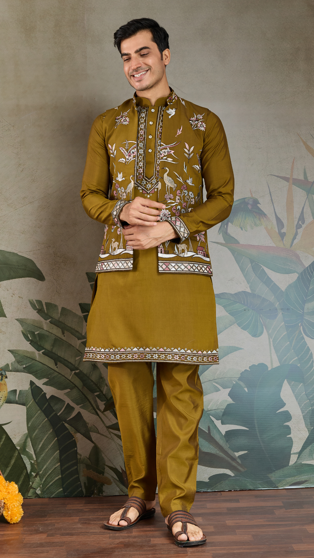 Golden Olive Open Koti Style Kurta Pajama Set for Men