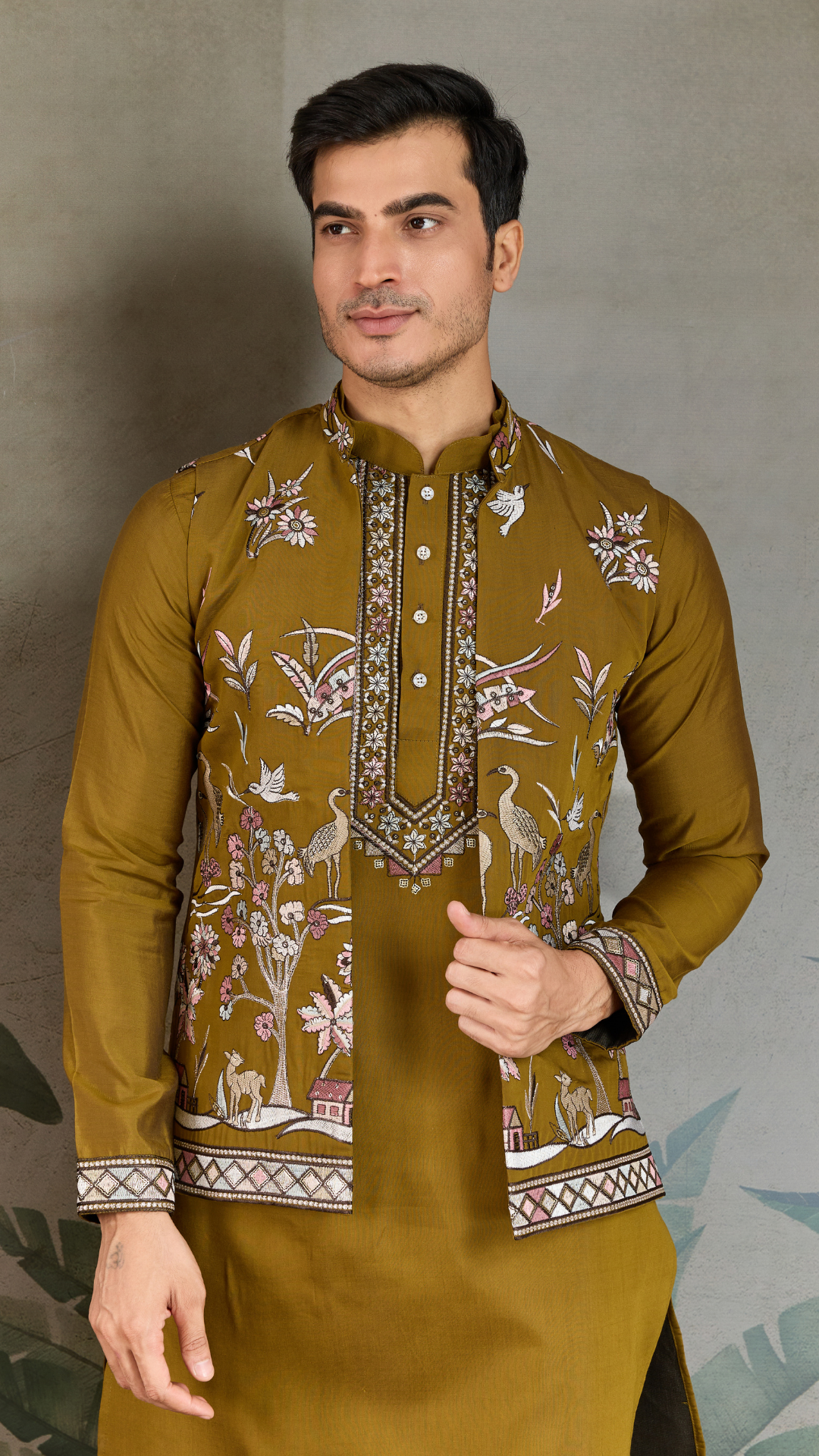 Golden Olive Open Koti Style Kurta Pajama Set for Men