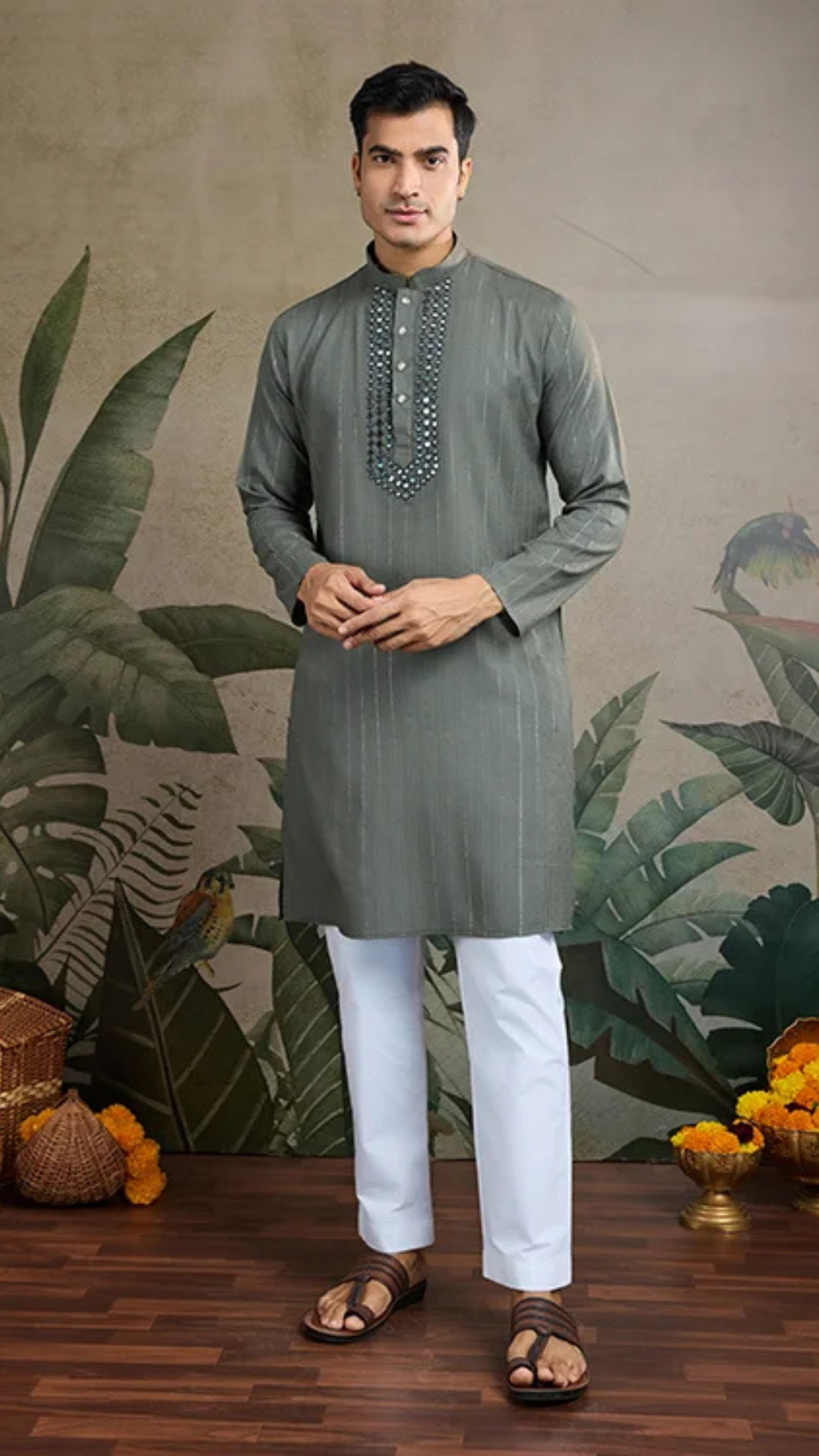 Diwali Special Blue Grey Viscose Silk Kurta with Mirror Work