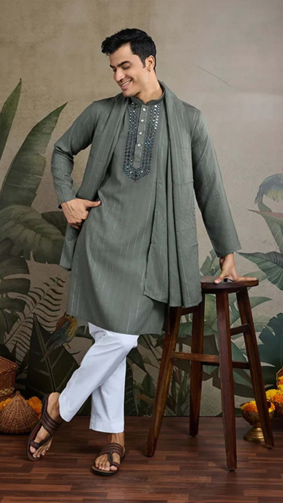 Diwali Special Blue Grey Viscose Silk Kurta with Mirror Work