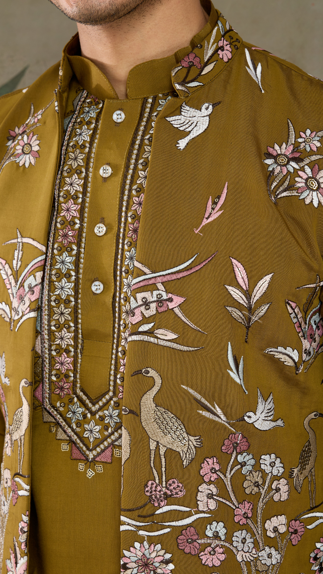 Golden Olive Open Koti Style Kurta Pajama Set for Men