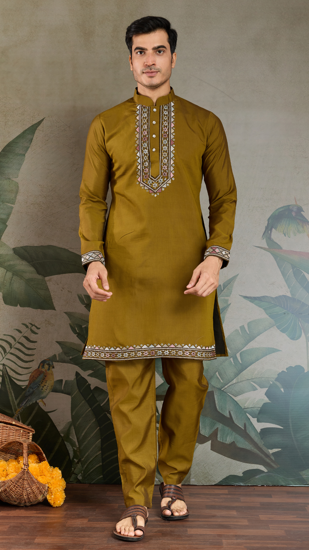 Golden Olive Open Koti Style Kurta Pajama Set for Men