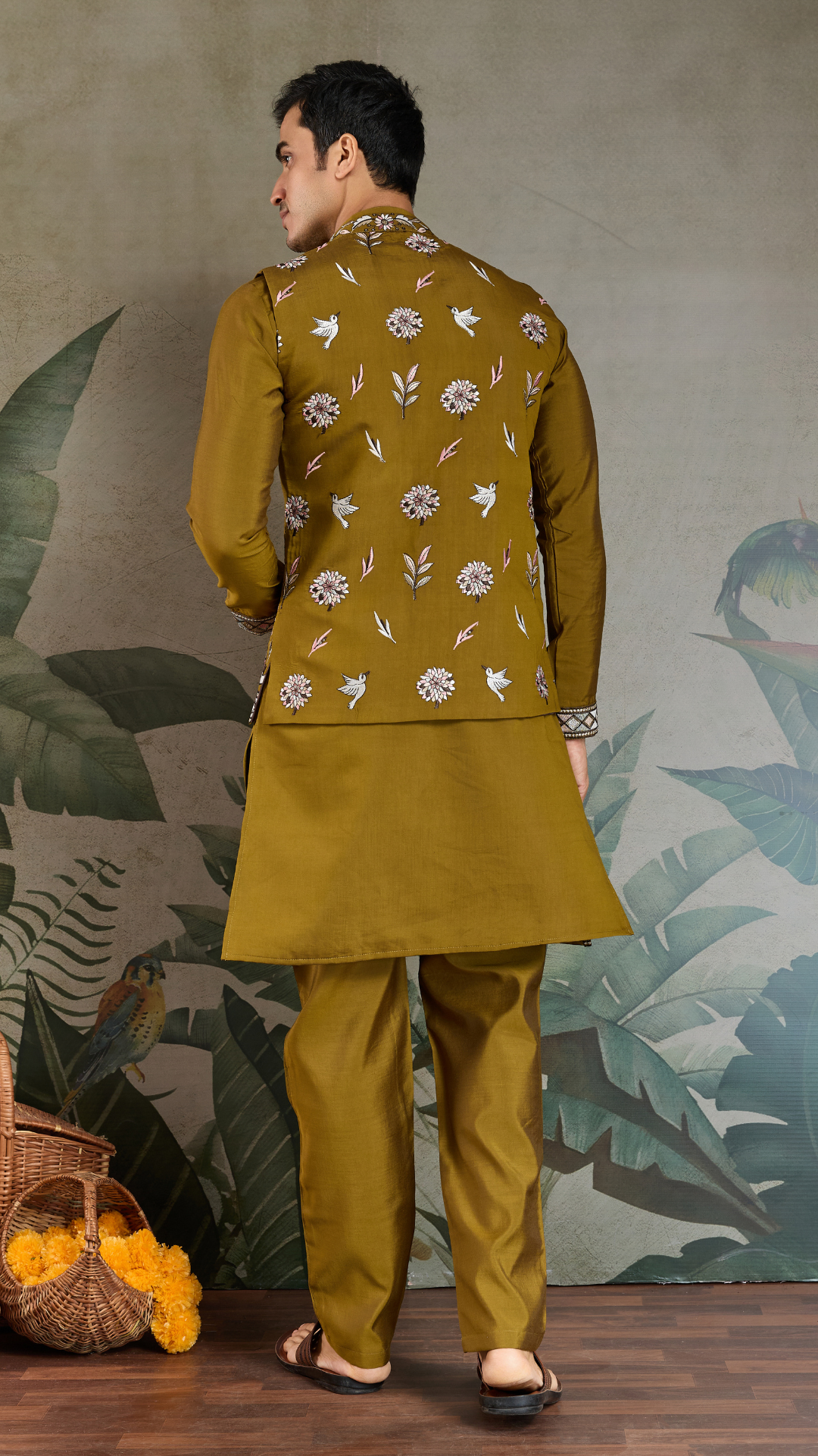 Golden Olive Open Koti Style Kurta Pajama Set for Men