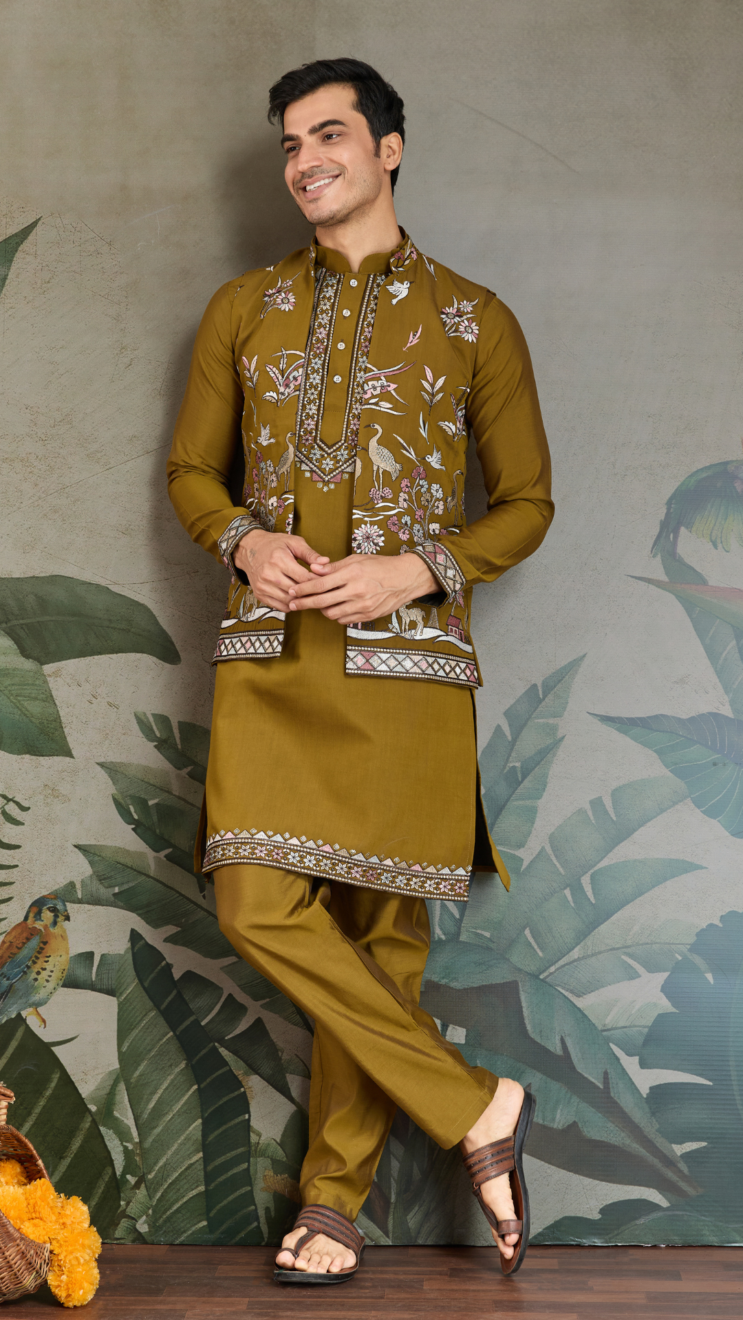 Golden Olive Open Koti Style Kurta Pajama Set for Men