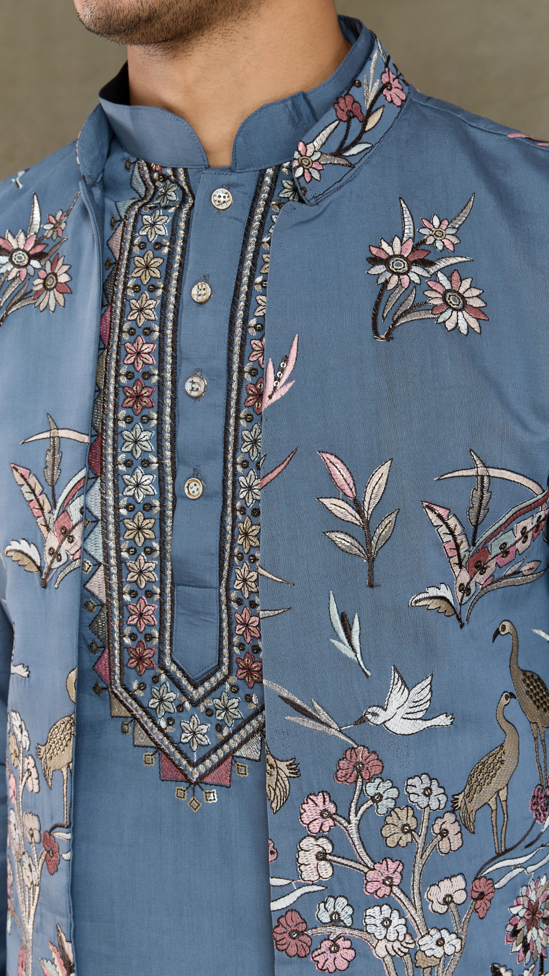 Blue Gray Open Koti Style Full Kurta Pajama Set for Men