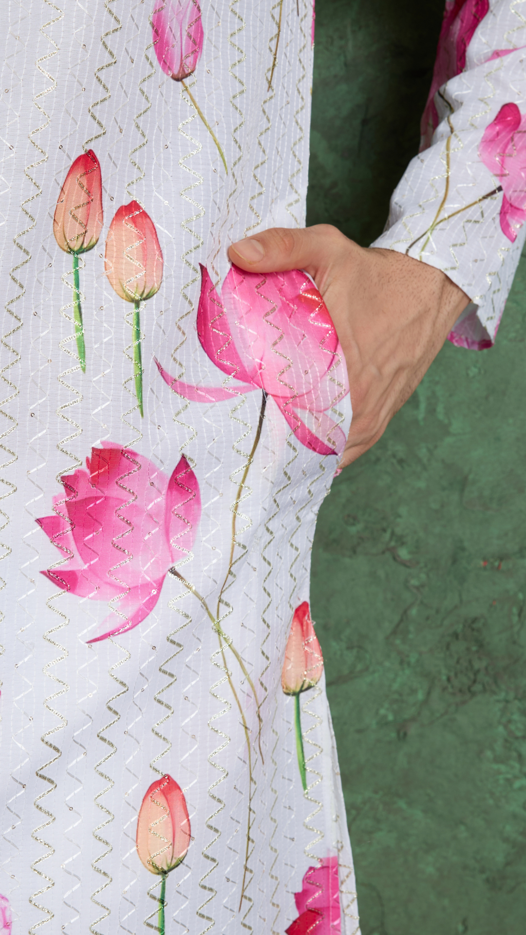 Ethnic Style White & Pink Designer Kurta for Men