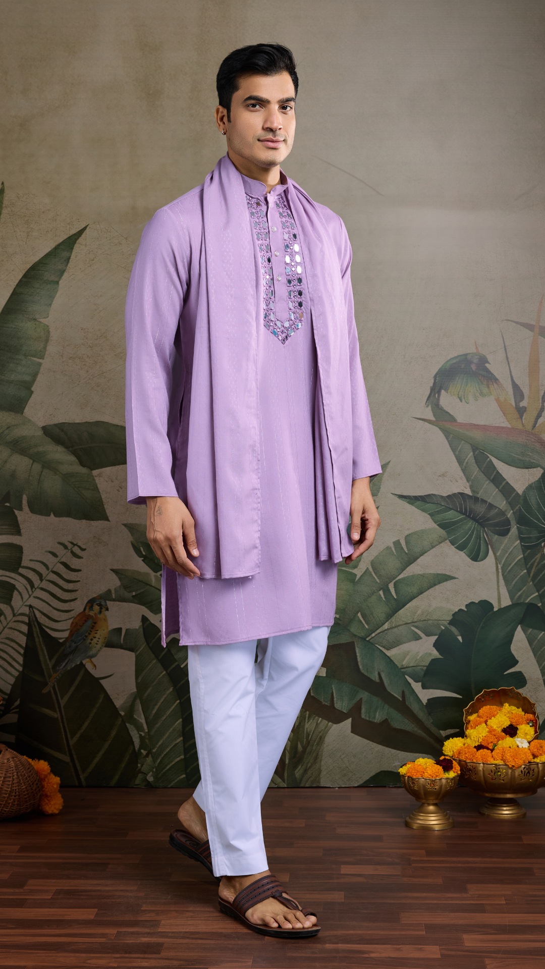 Dusty Pink Mirror Work Kurta for Men - Designer Wear