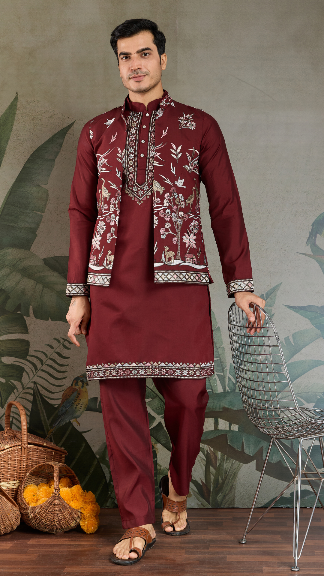 Wedding Special Maroon Kurta Pajama with Open Koti for Men