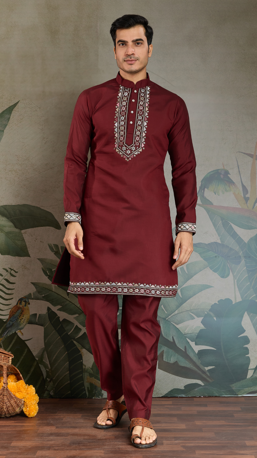 Wedding Special Maroon Kurta Pajama with Open Koti for Men