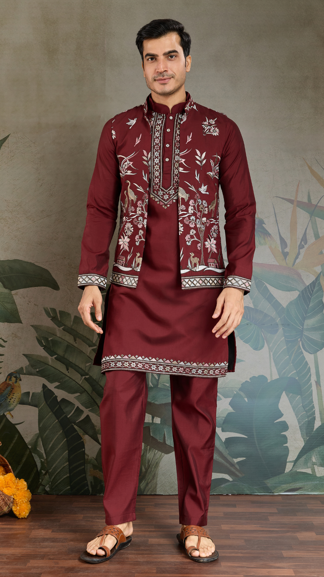 Wedding Special Maroon Kurta Pajama with Open Koti for Men