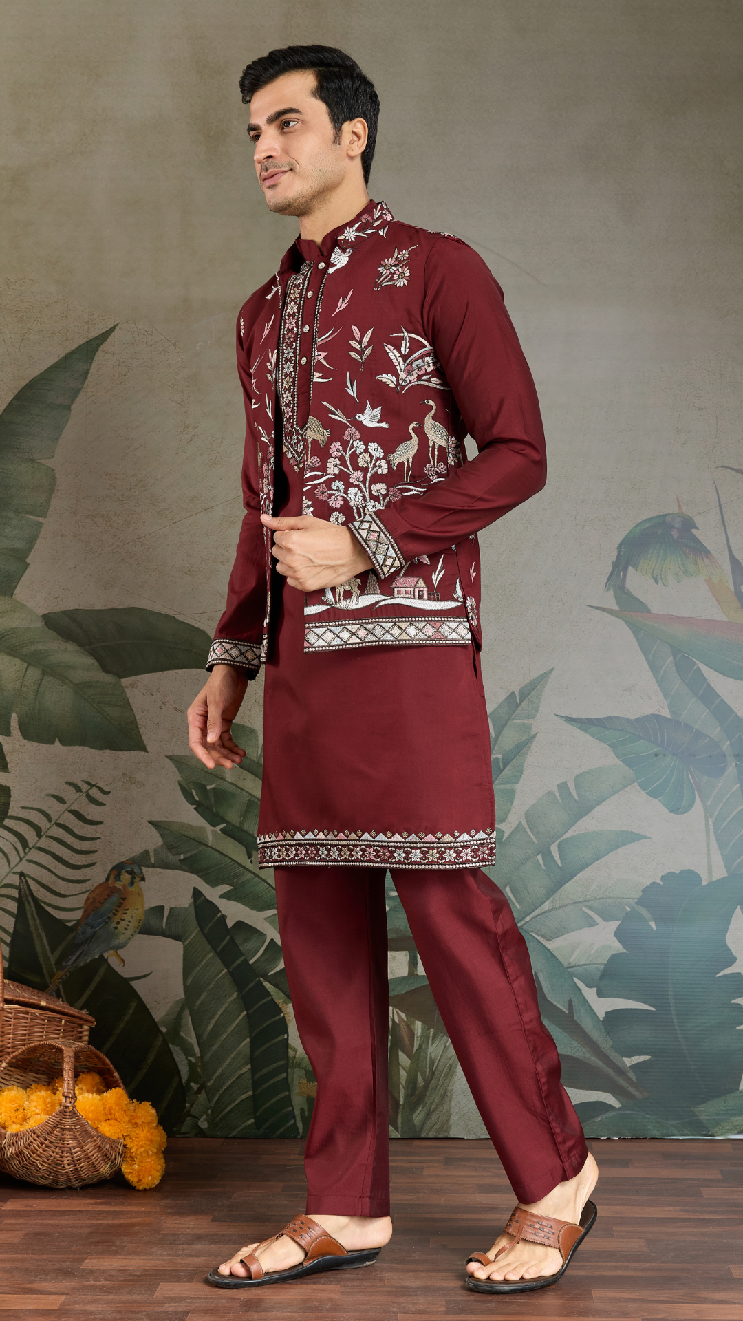 Wedding Special Maroon Kurta Pajama with Open Koti for Men