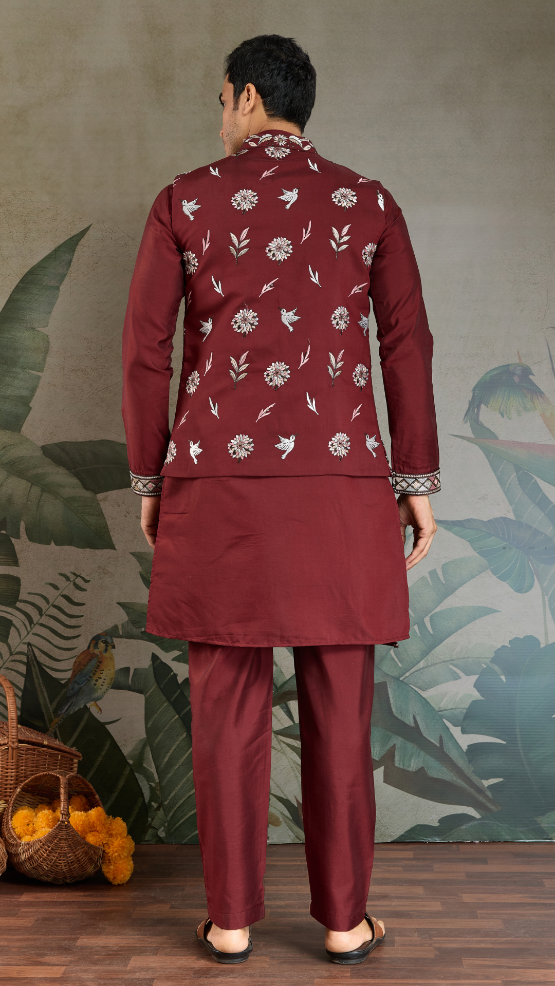 Wedding Special Maroon Kurta Pajama with Open Koti for Men