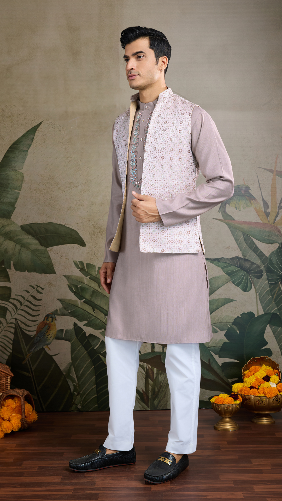 Designer Lavender Kurta & Open Koti for Men