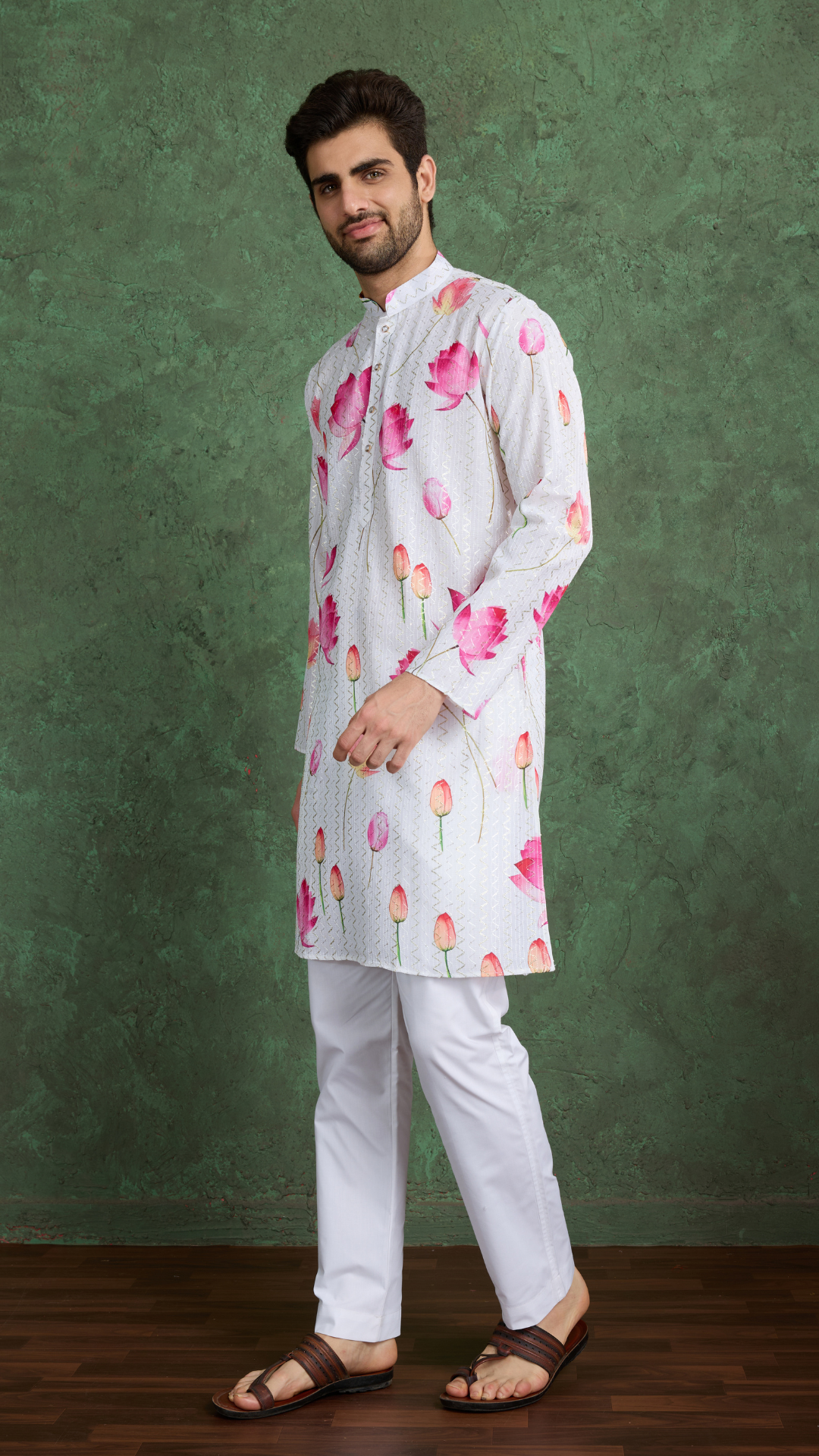 Ethnic Style White & Pink Designer Kurta for Men