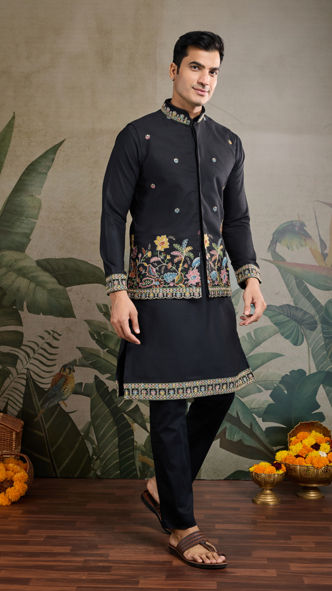 Designer Black Kurta with Embroidered Koti – Elegant Style