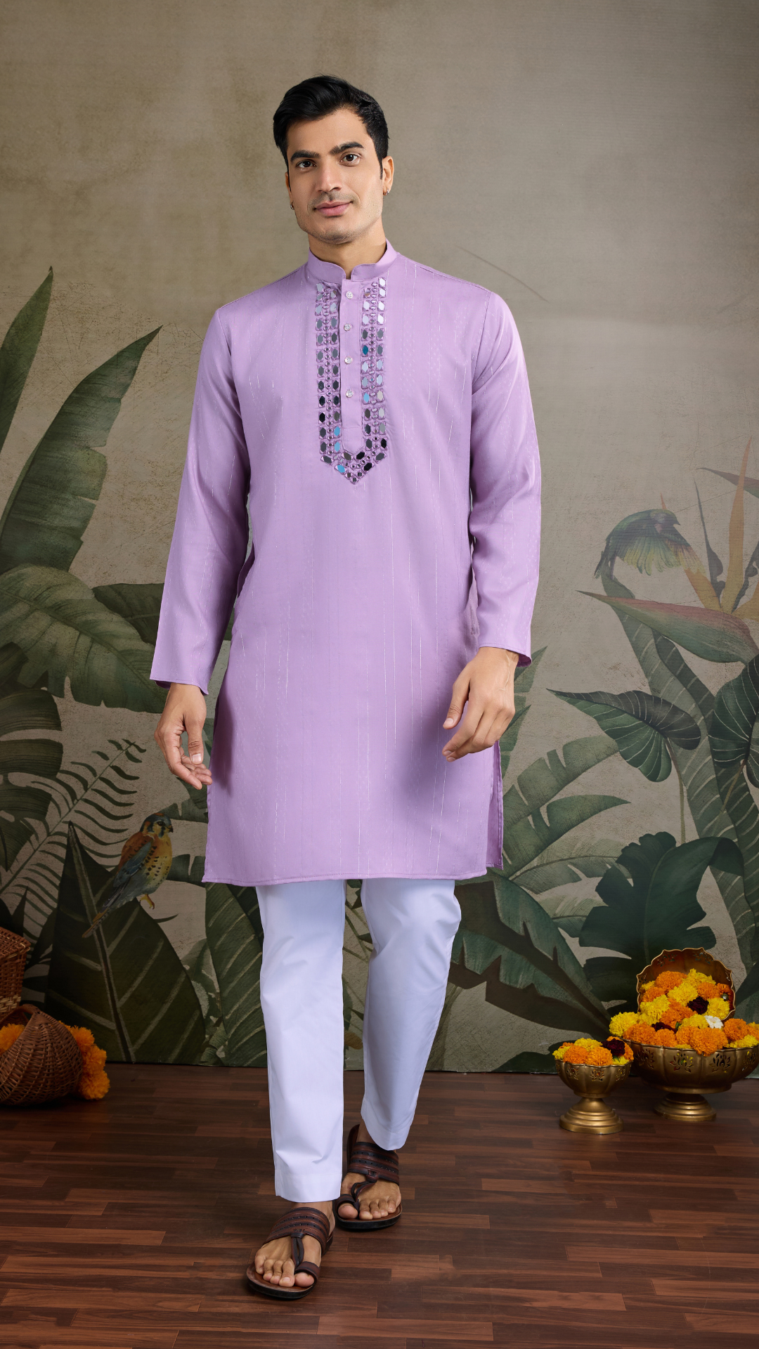 Dusty Pink Mirror Work Kurta for Men - Designer Wear