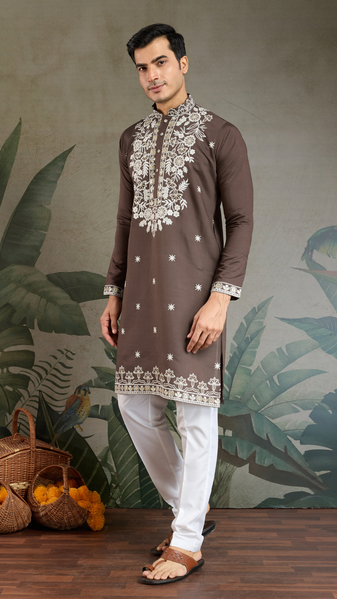 Wedding Functions Chocolate Gray Embroidered Kurta