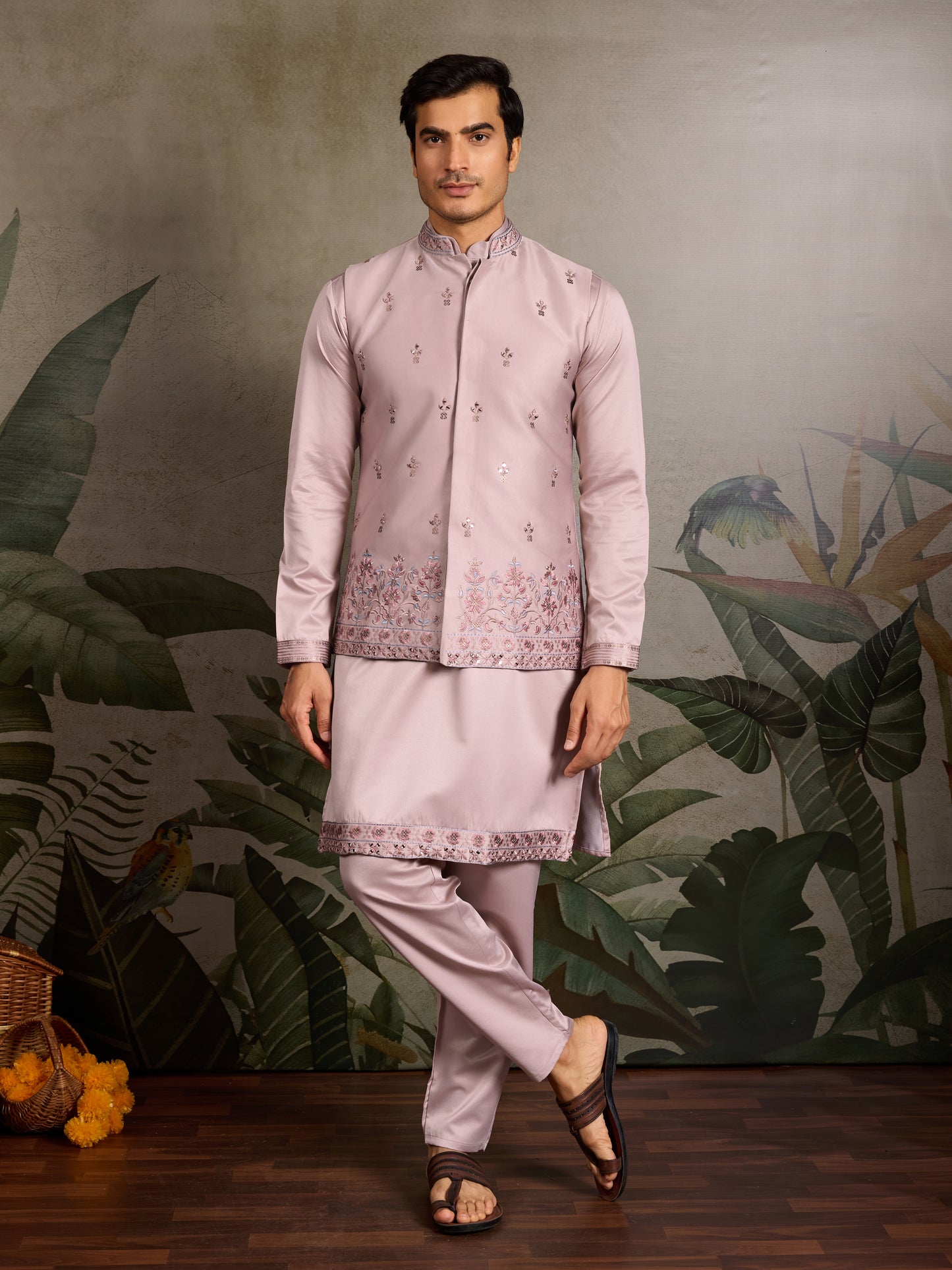 Boutique Style Unique Light Pink Kurta Koti Set for Men