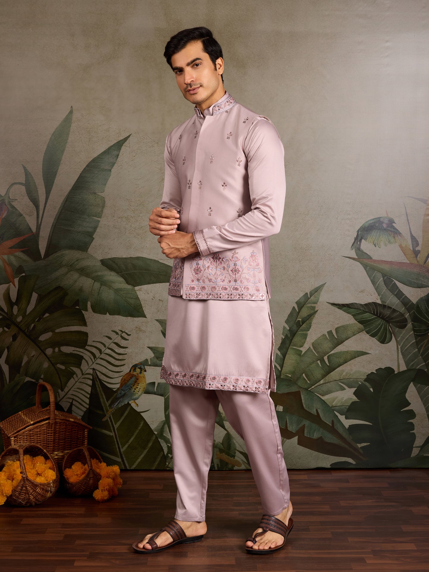 Boutique Style Unique Light Pink Kurta Koti Set for Men