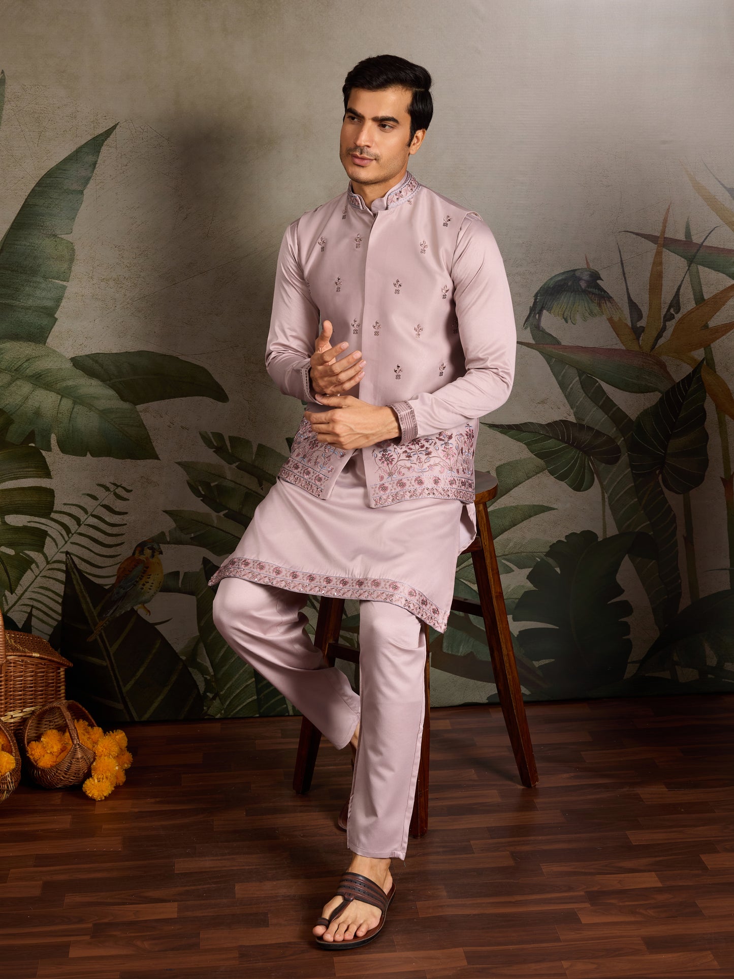 Boutique Style Unique Light Pink Kurta Koti Set for Men