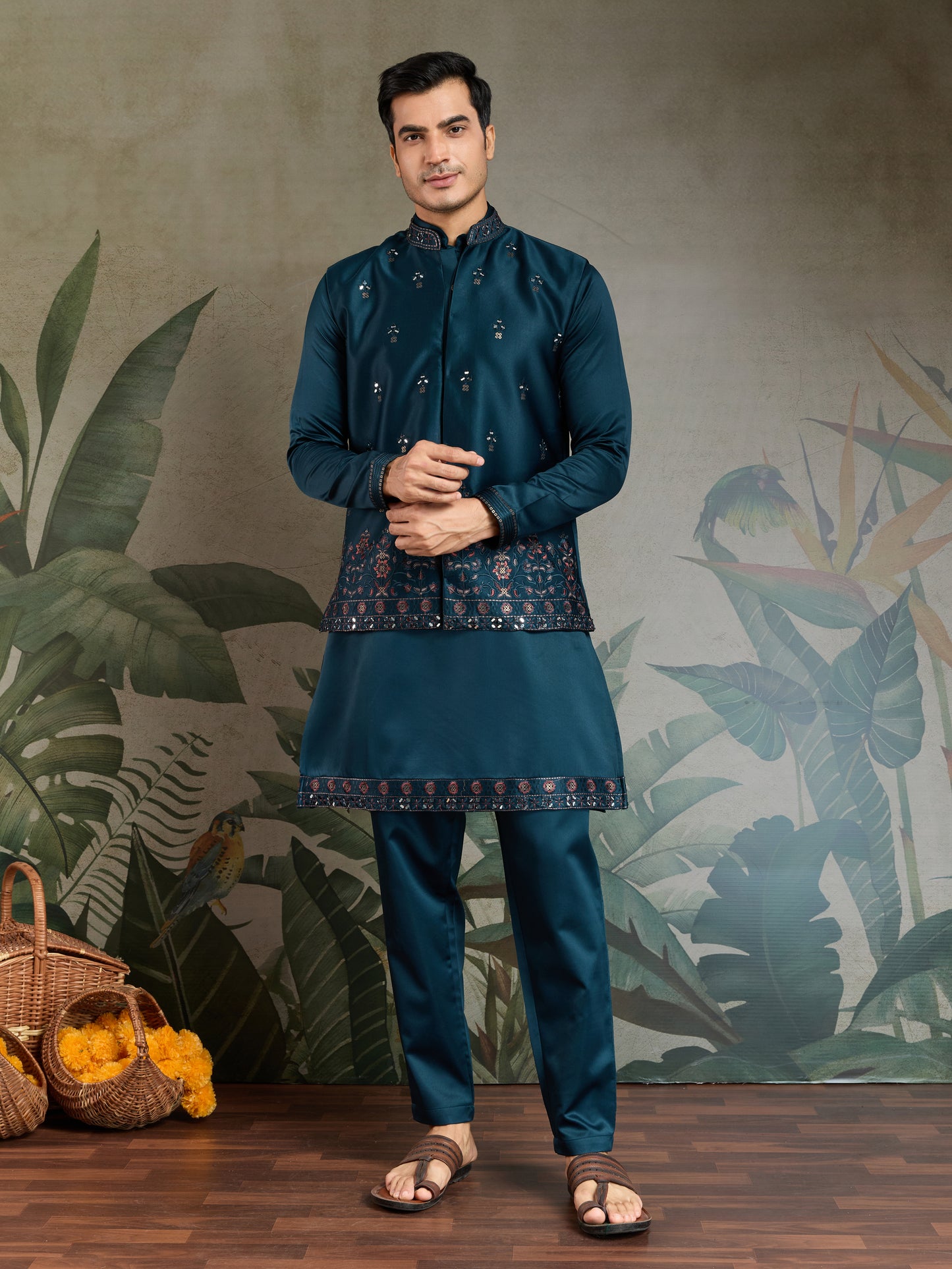 Teal Blue Embroidered Kurta Koti Set for Men
