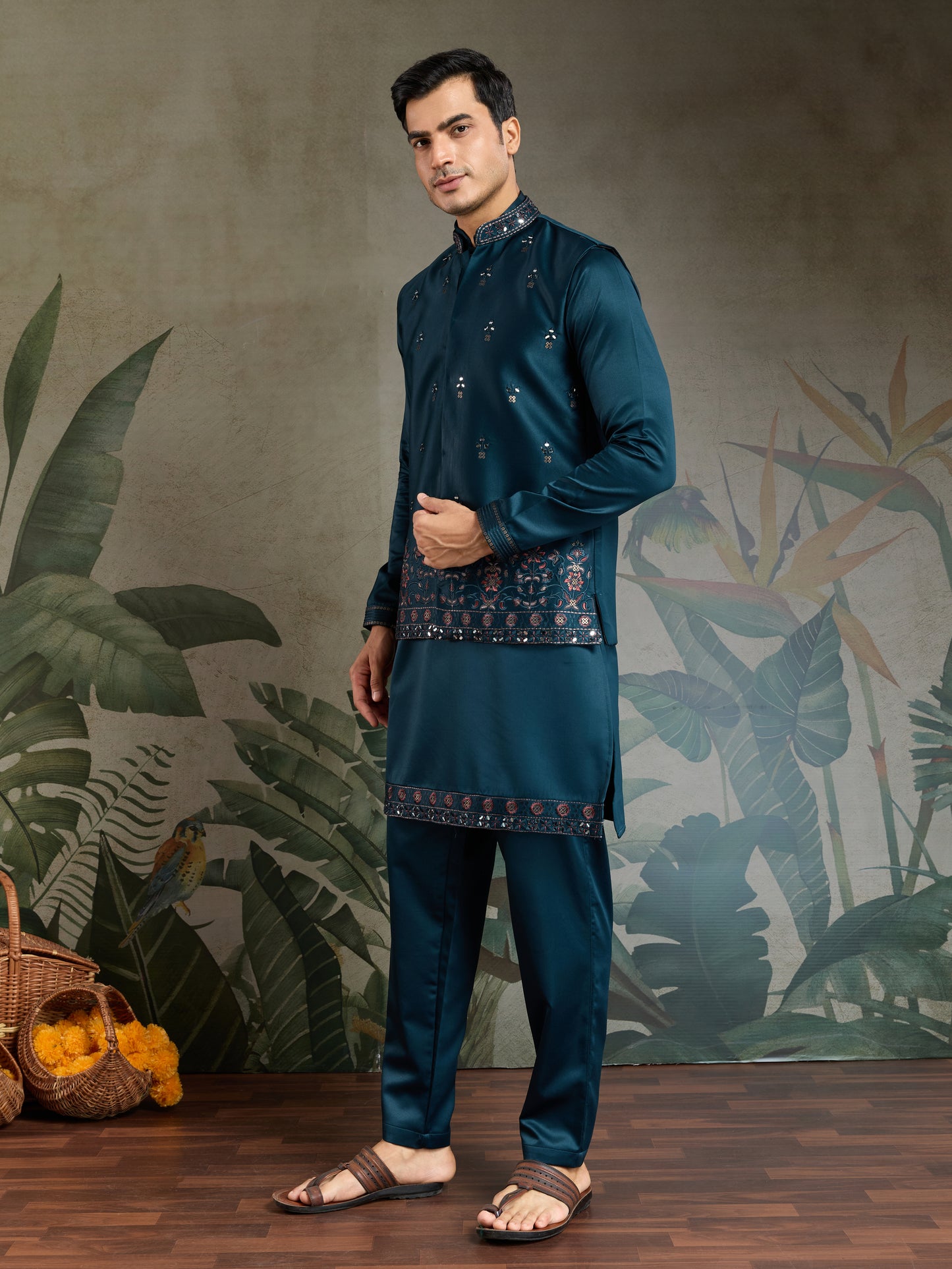 Teal Blue Embroidered Kurta Koti Set for Men