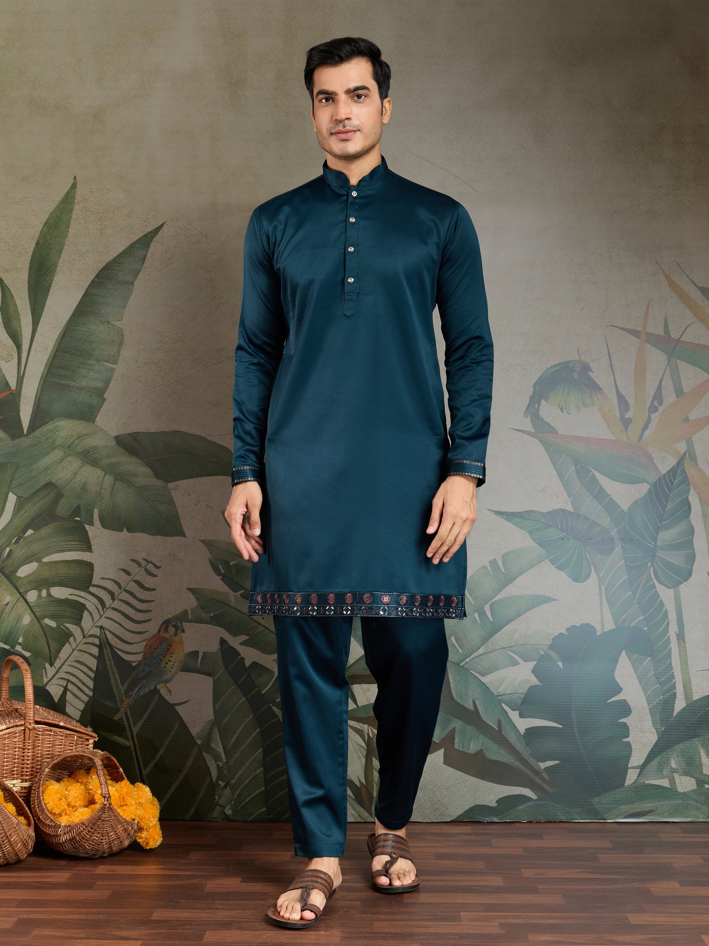 Teal Blue Embroidered Kurta Koti Set for Men
