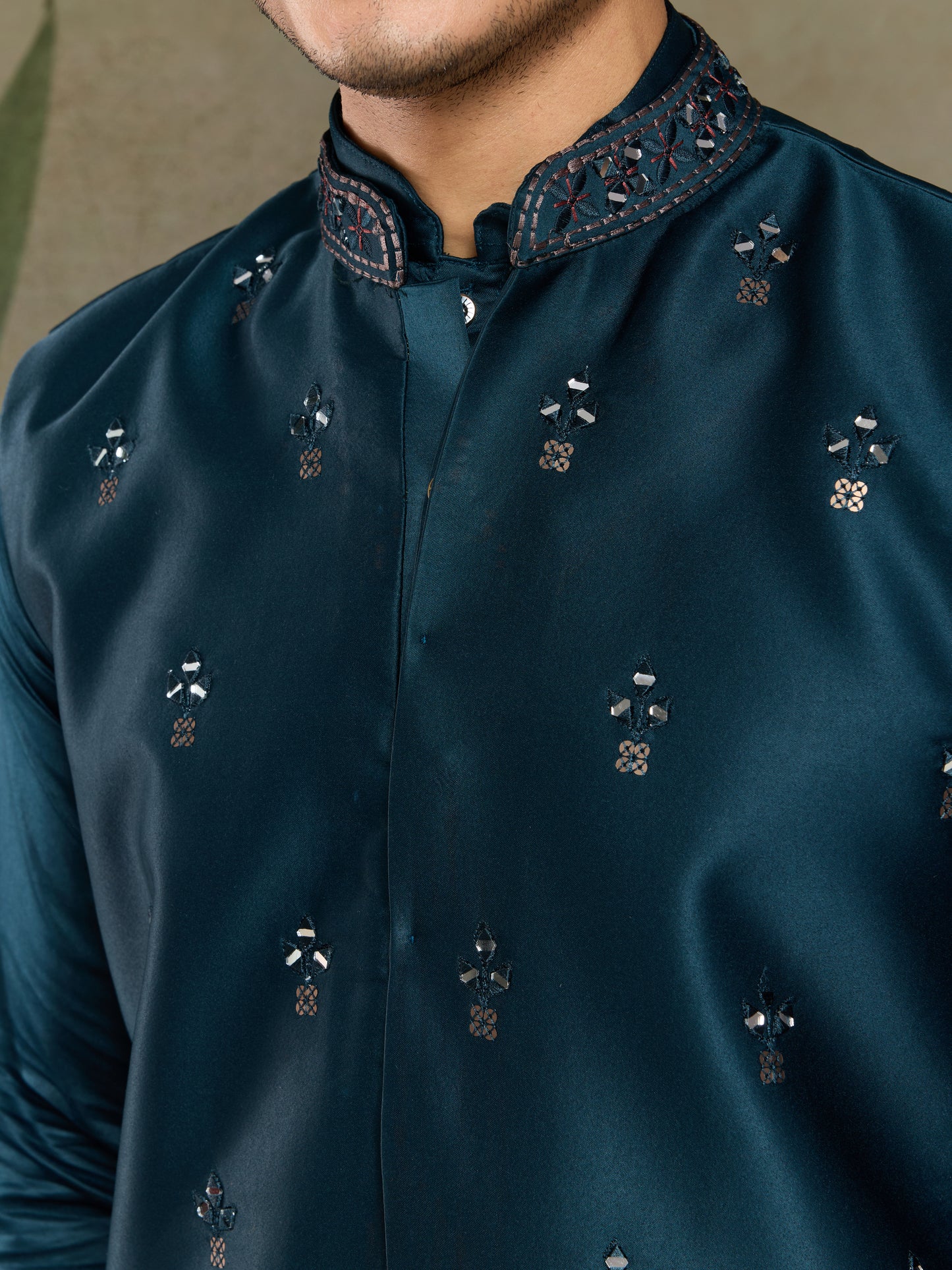 Teal Blue Embroidered Kurta Koti Set for Men