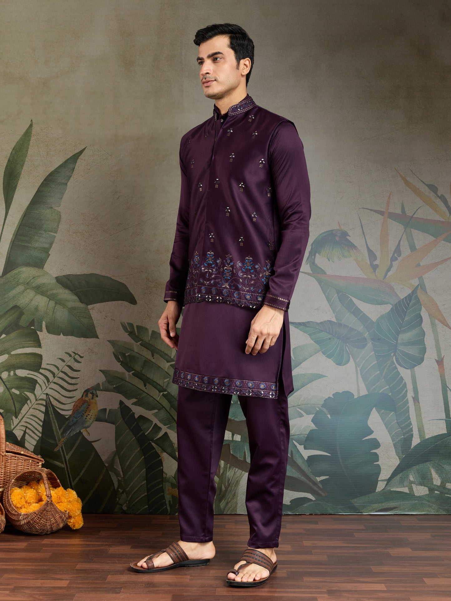 Wedding Special Purple Kurta Koti Set for Men
