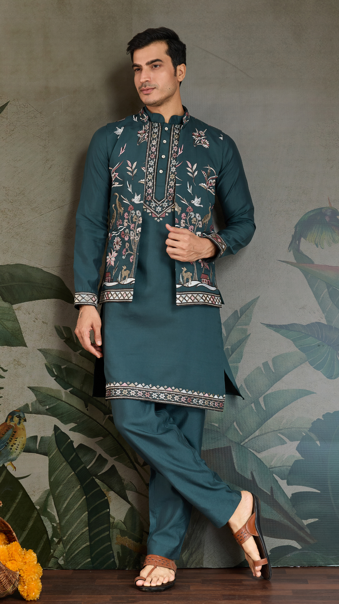 Traditional Green Kurta Pajama with Stylish Open Jacket