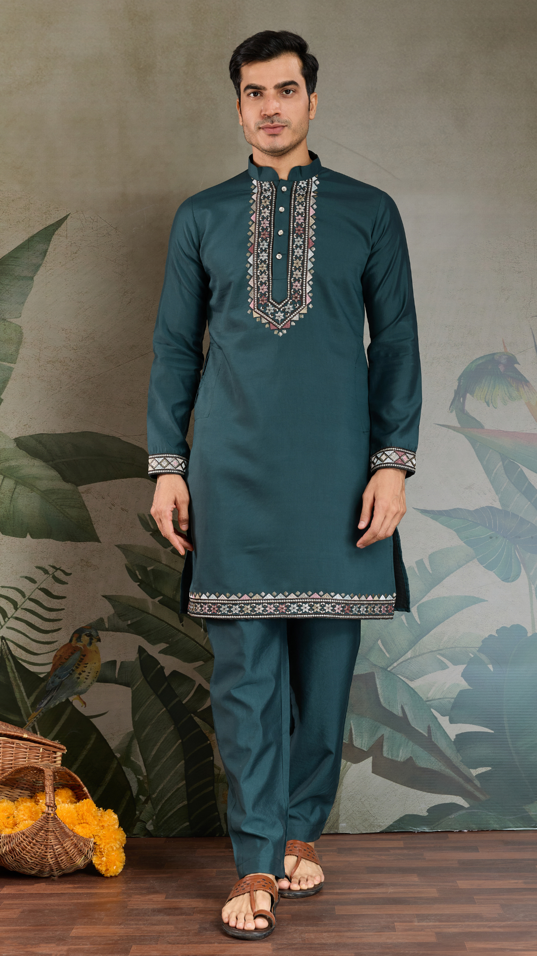 Traditional Green Kurta Pajama with Stylish Open Jacket