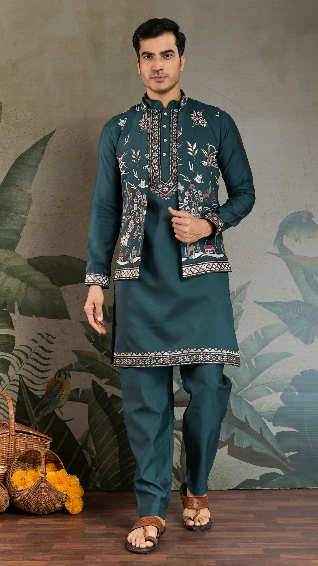 Traditional Green Kurta Pajama with Stylish Open Jacket