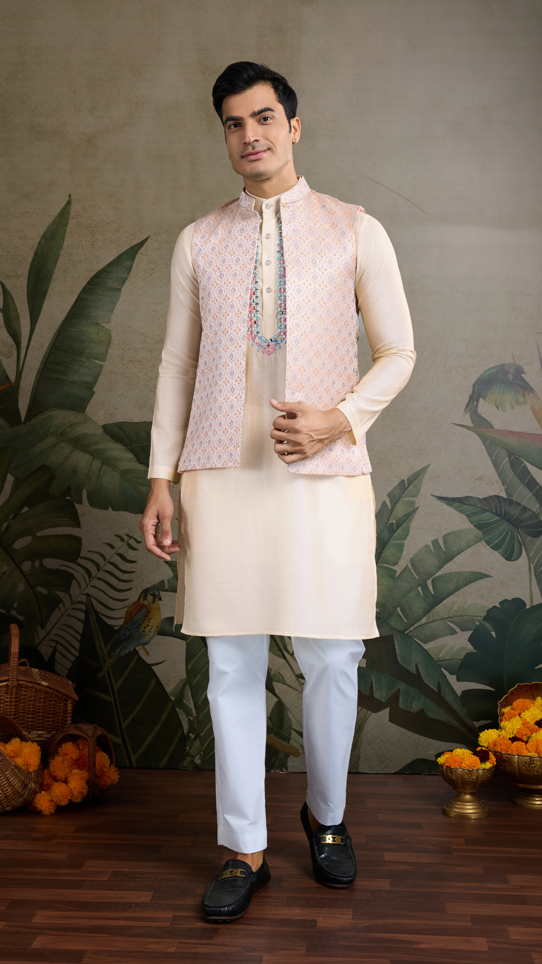 Traditional Beige Kurta Set with Koti Jacket
