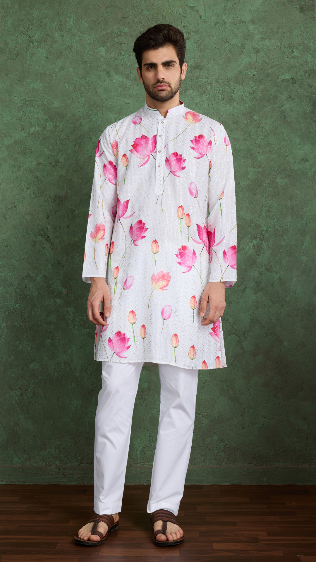 Ethnic Style White & Pink Designer Kurta for Men