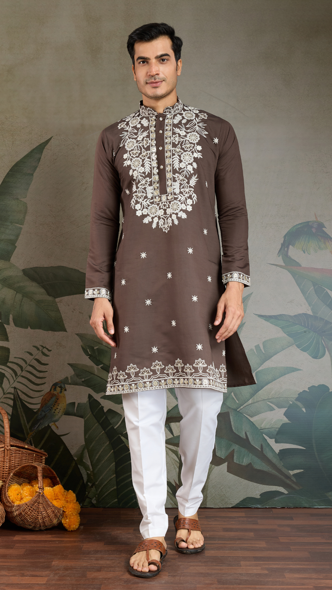 Wedding Functions Chocolate Gray Embroidered Kurta