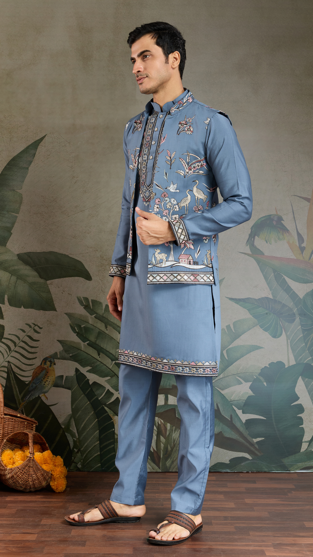 Blue Gray Open Koti Style Full Kurta Pajama Set for Men