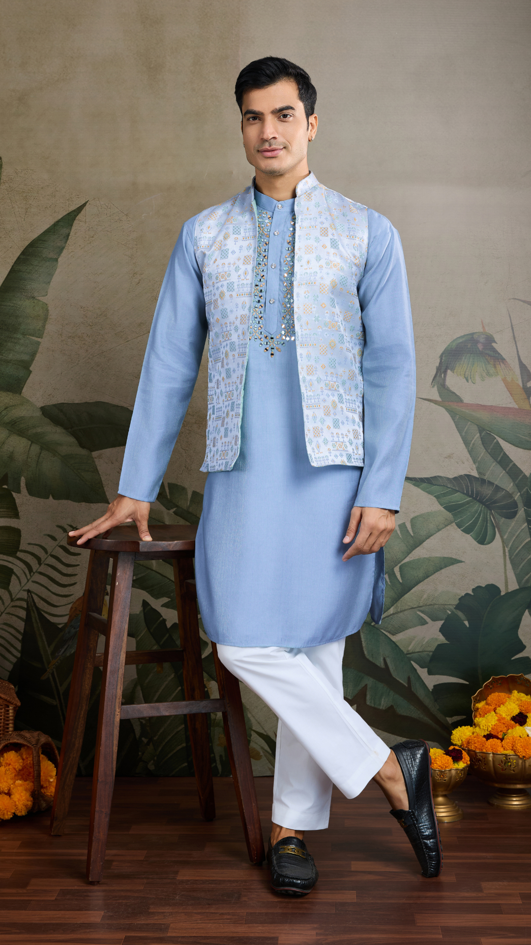 Festive Wear Blue Silk Kurta with Jacquard Koti