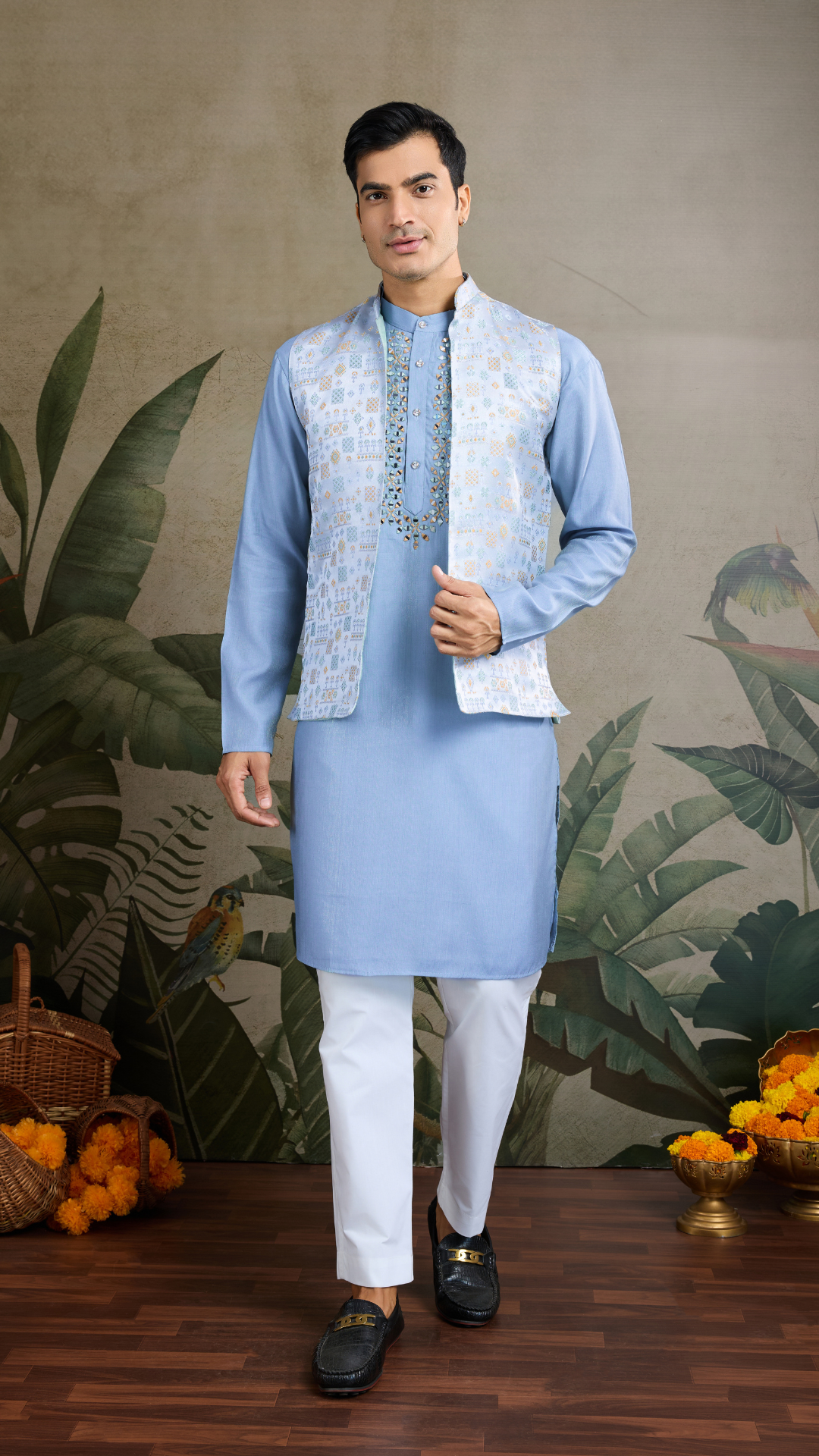 Festive Wear Blue Silk Kurta with Jacquard Koti