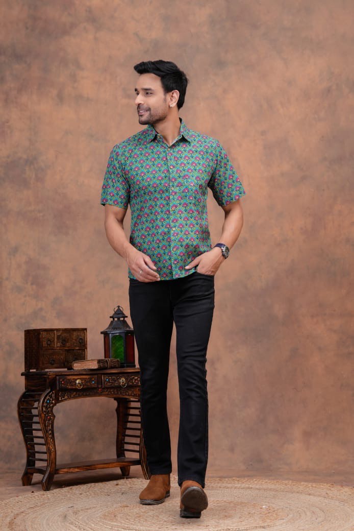TURQUOISE HANDBLOCK PRINTED SHIRT
