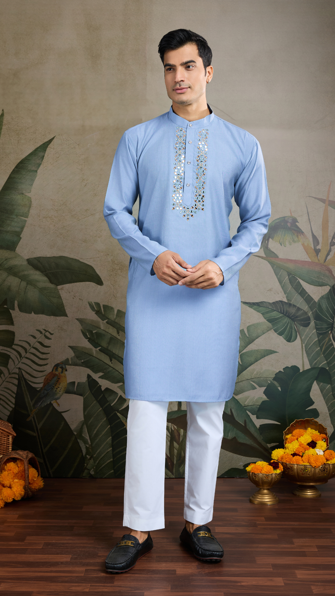 Festive Wear Blue Silk Kurta with Jacquard Koti