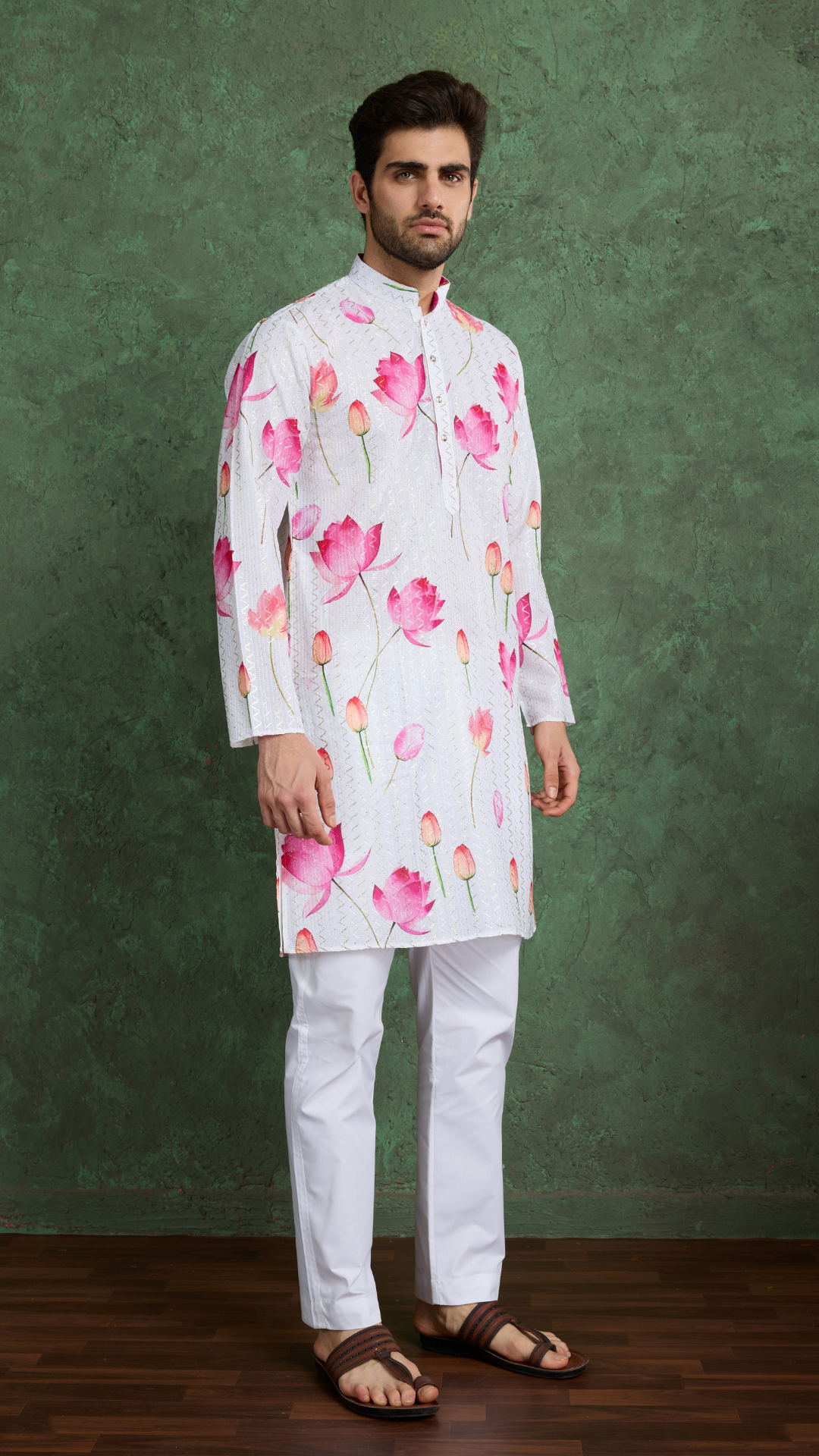 Ethnic Style White & Pink Designer Kurta for Men