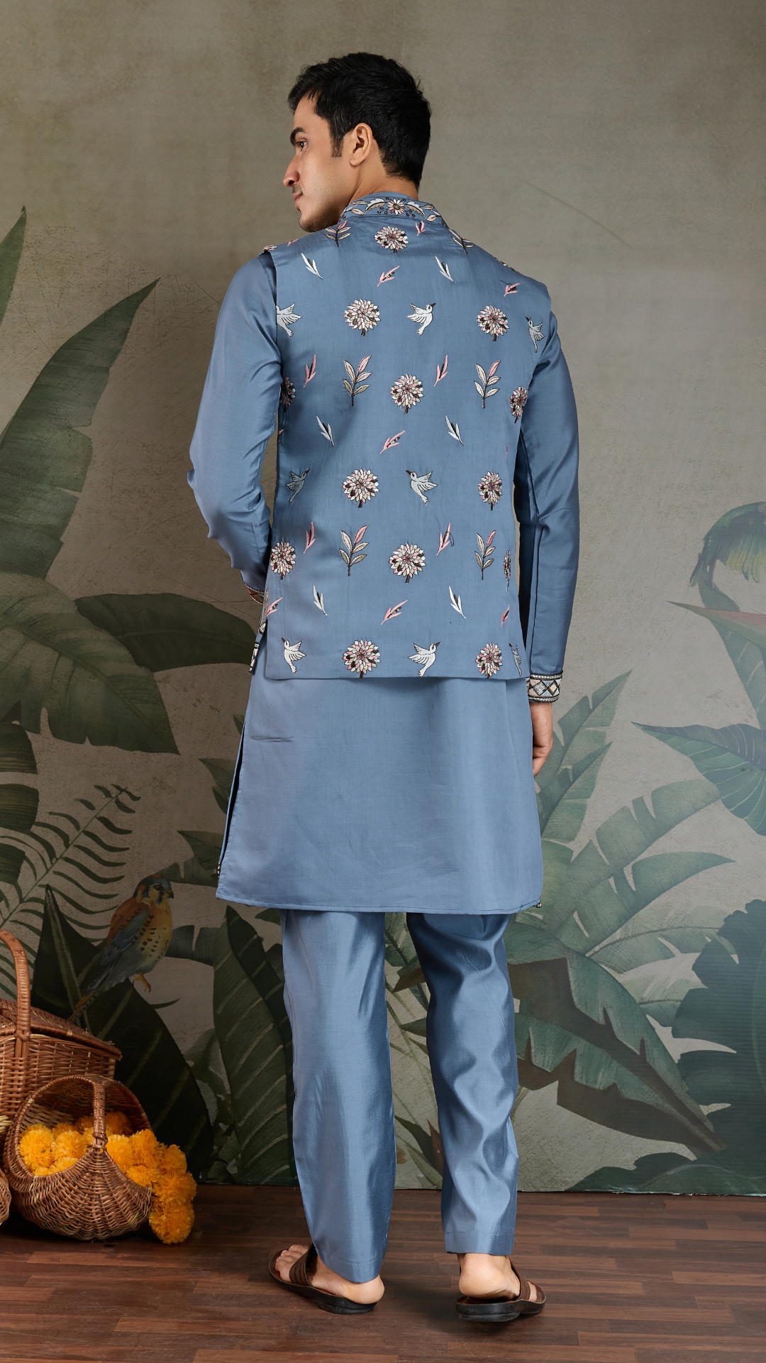 Blue Gray Open Koti Style Full Kurta Pajama Set for Men