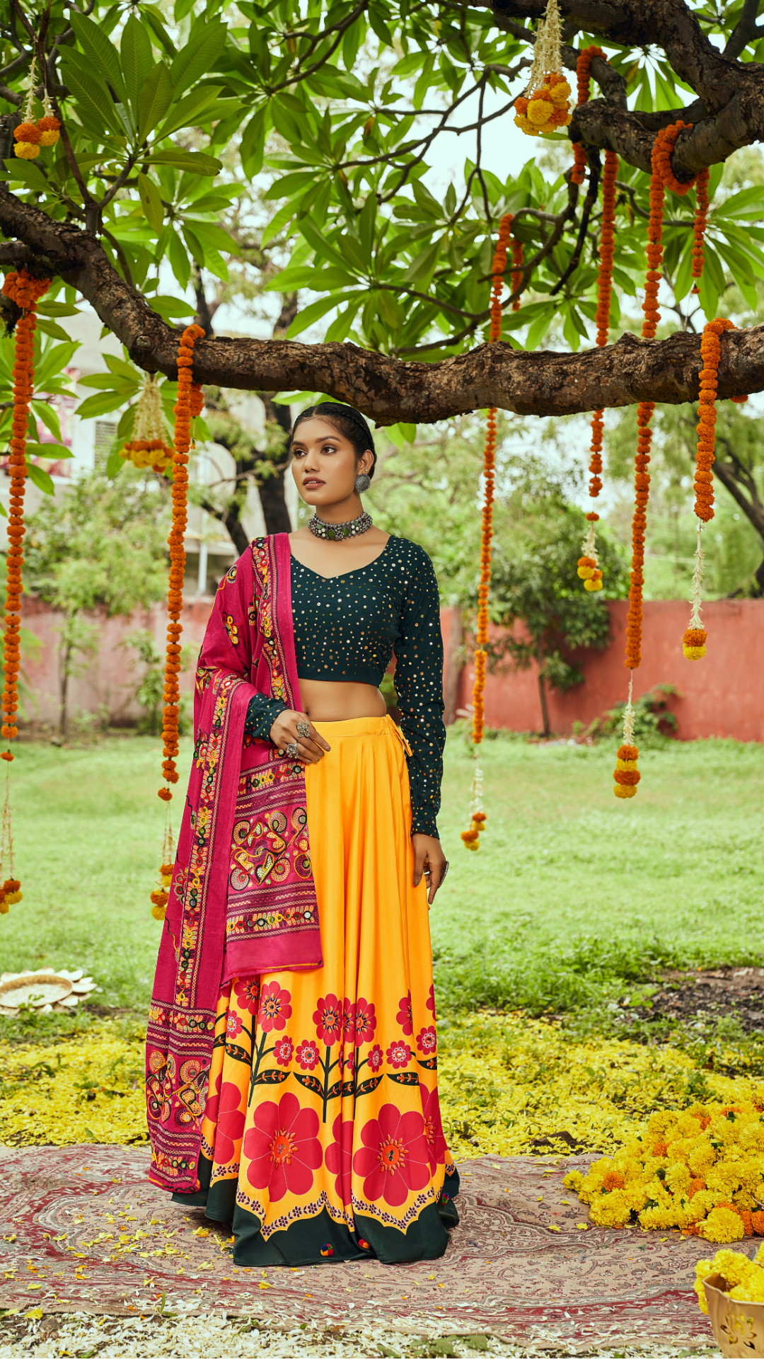 Yellow Maslin Cotton Digital Printed Work Navratri Lehenga