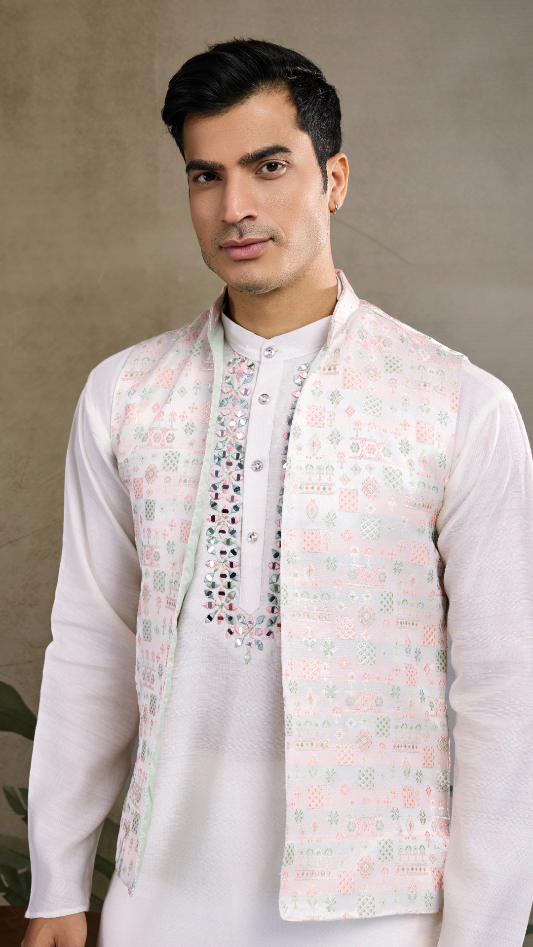 Off-White Roman Silk Kurta with Jacquard Open Koti Set